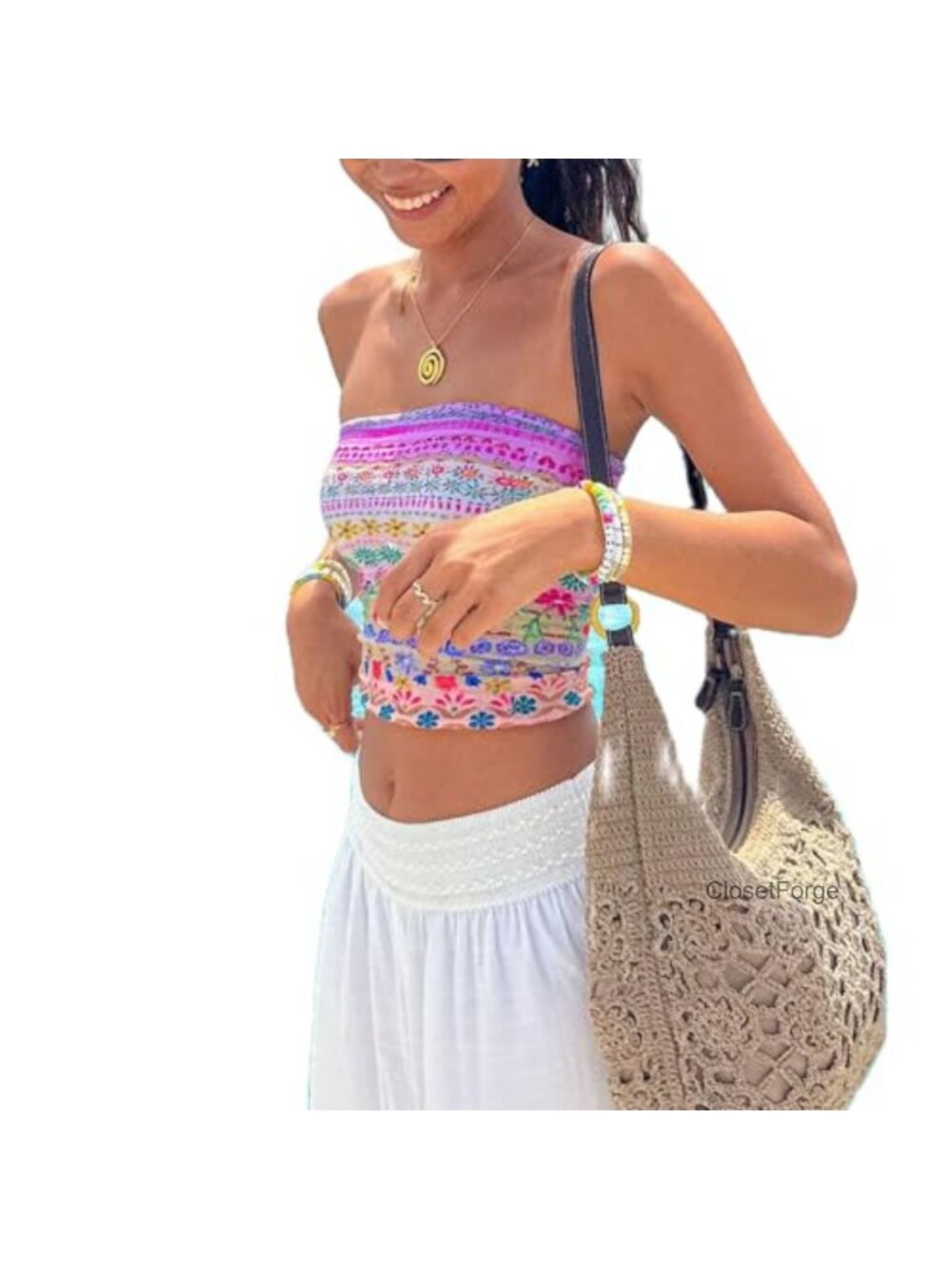 Women Y2K Tie Dye Floral Bandeau Crop Tube Top Boho Cami